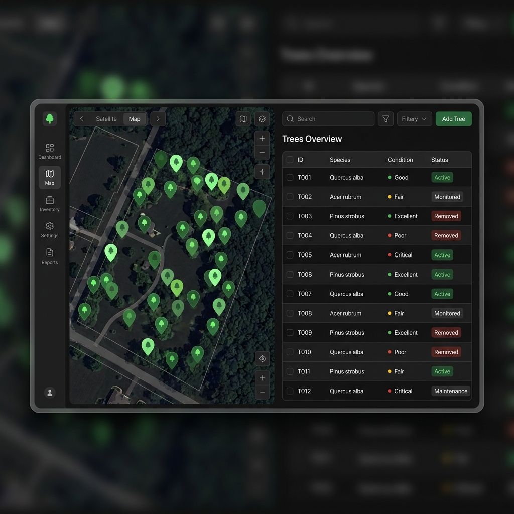 ArborBid dashboard showing tree map and inventory table