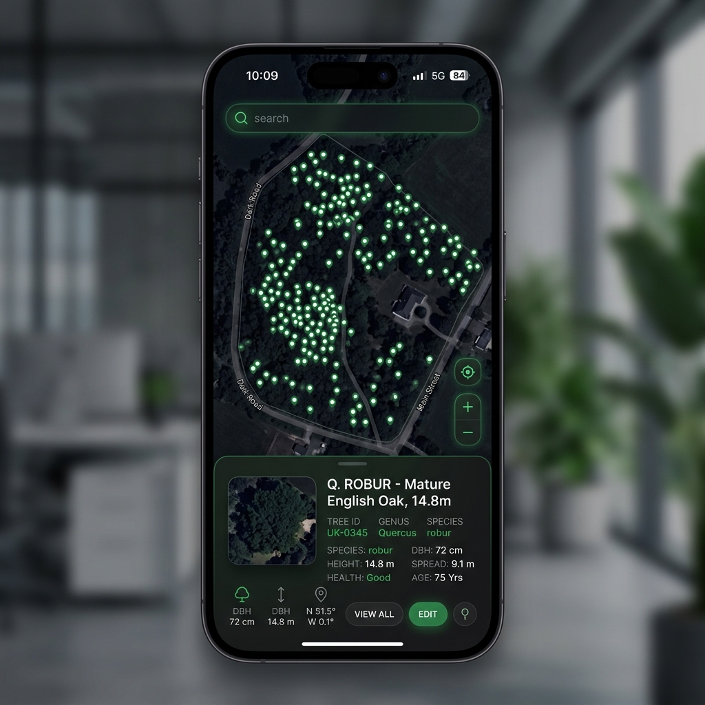 ArborBid mobile app showing tree map on iPhone
